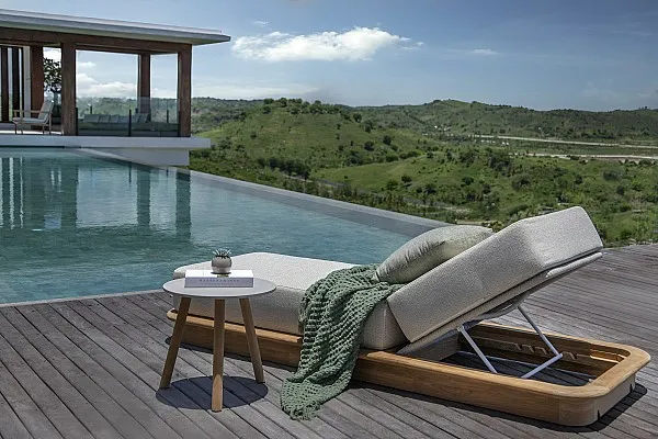Acri - sunlounger - teak - rope beige uni - incl cushion sunbrella lopi sand with Ronda sidetable - teak, top ceram palladium grey 12mm - d45 (2)_medium.webp