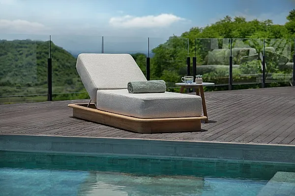 Acri - sunlounger - teak - rope beige uni - incl cushion sunbrella lopi sand with Ronda sidetable - teak, top ceram palladium grey 12mm - d45_medium.webp